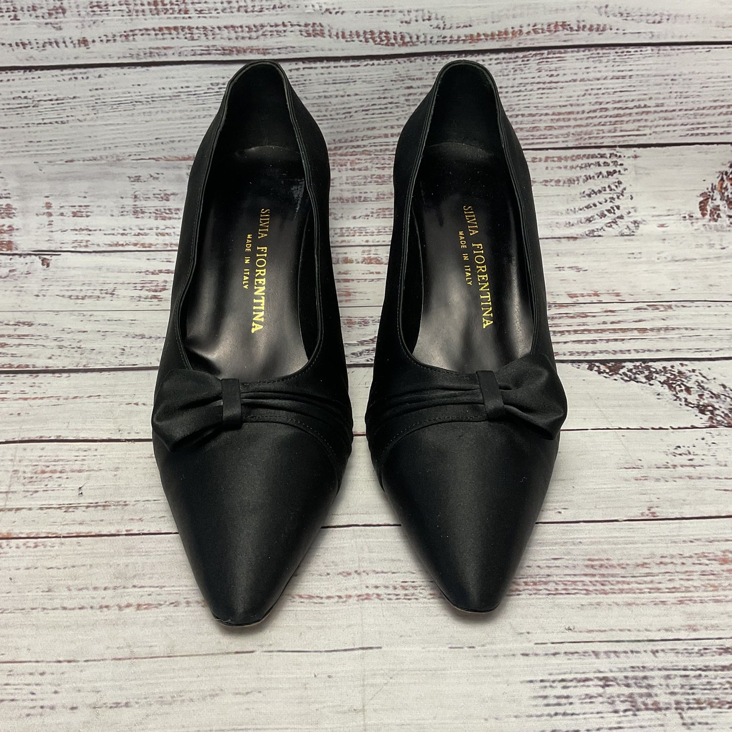Silvia Fiorentina Black Satin Kitten Heel Bow Women Size 8.5