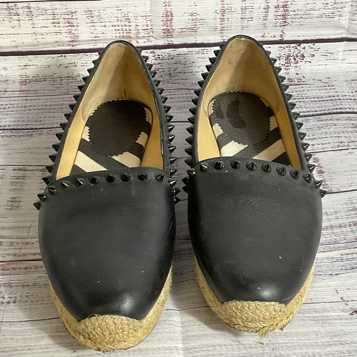 CHRISTIAN LOUBOUTIN Women's Black Leather Melides Spike Trim Espadrilles- SZ 38