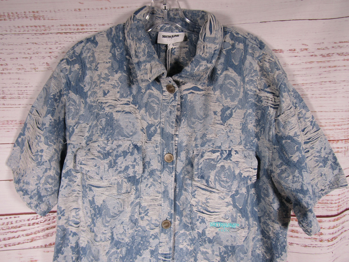 Sixth June Men's Blue Distressed Denim Short Sleeve Jacket Size XL