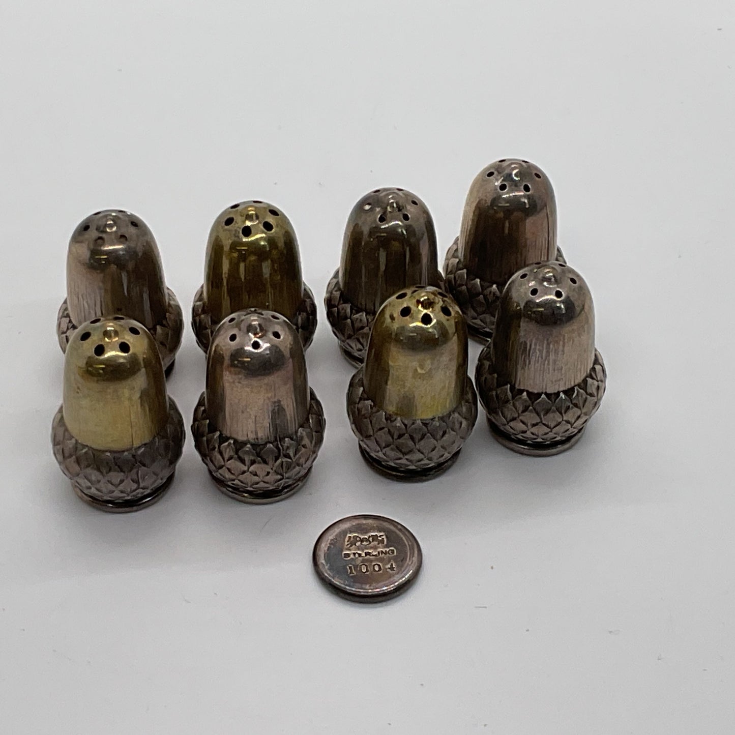 ANTIQUE 1920's REED & BARTON Sterling Silver 1" Acorn Salt Shakers- Set of 8