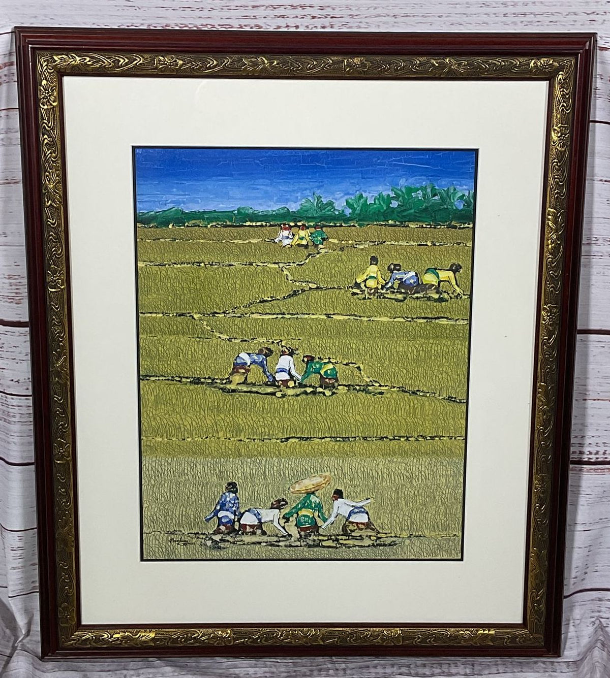 Indonesian Farmers Working in a Field Painting by Bambang Lestari Signed Framed