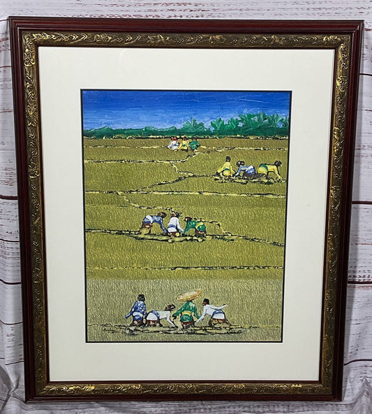 Indonesian Farmers Working in a Field Painting by Bambang Lestari Signed Framed