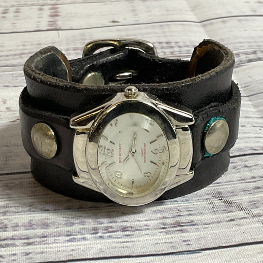 RED MONKEY Designs Women's Black Leather Wide Band Watch- NEEDS BATTERY