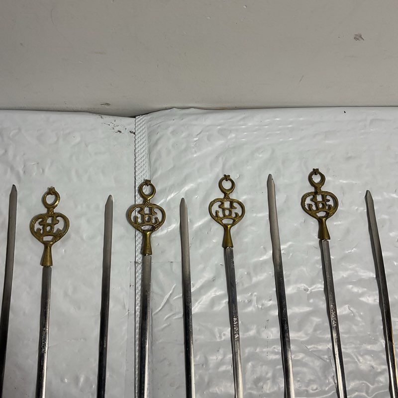 Set Of 12 Vintage Ornate Brass & Steel Kebab Skewers