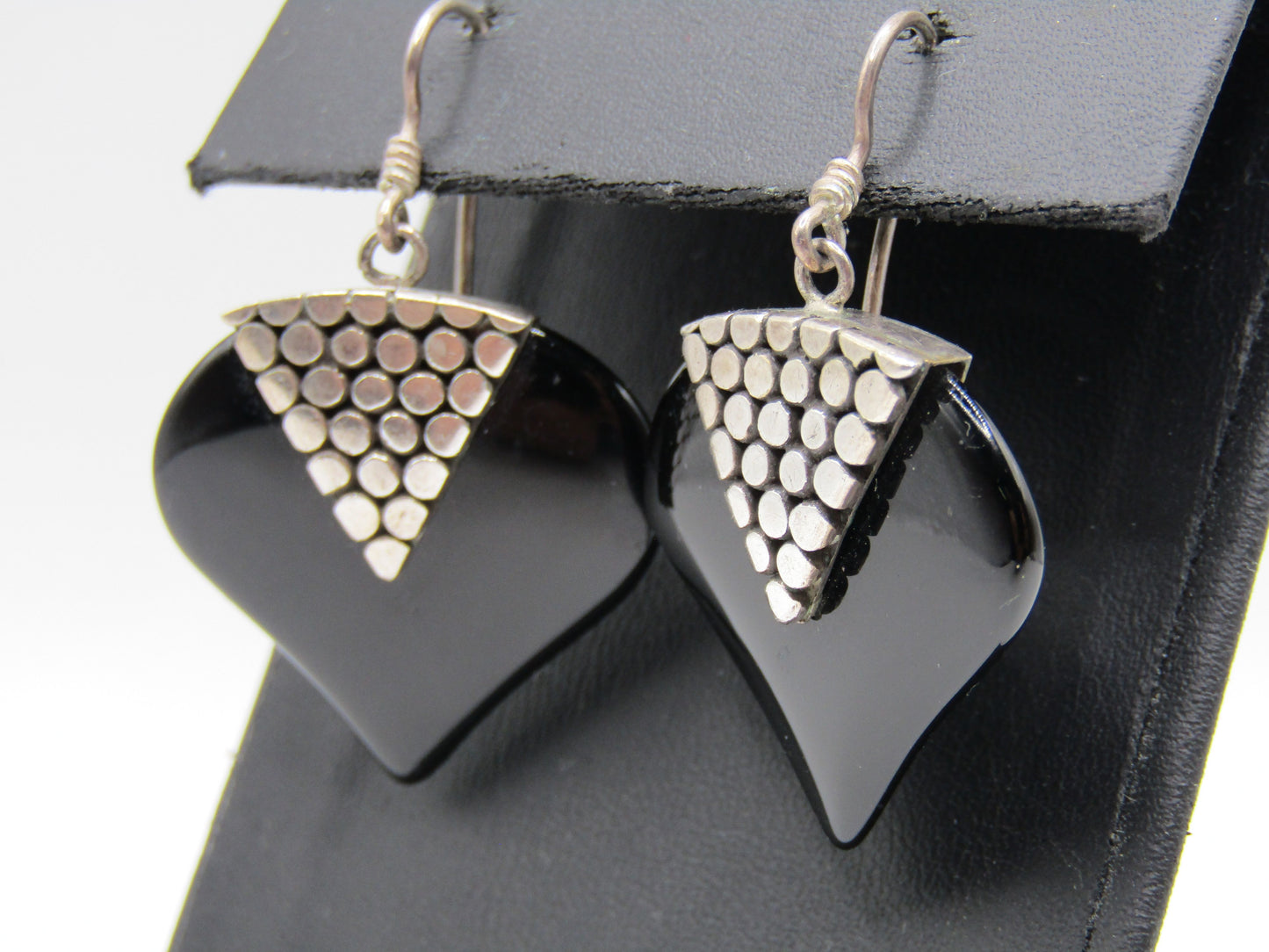Vintage Sterling Silver Dot Heart Onyx Drop Dangle Earrings