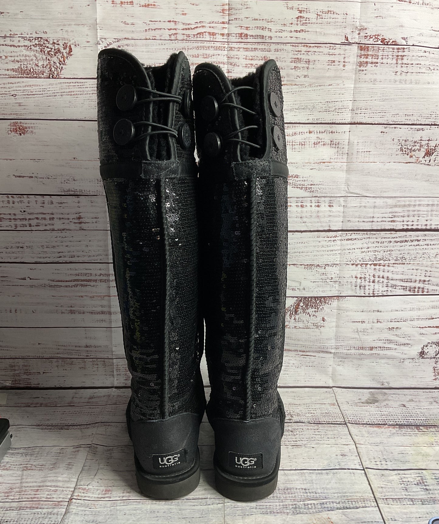 UGG Over The Knee Bailey Button Sequin Slip On Boots Black 6