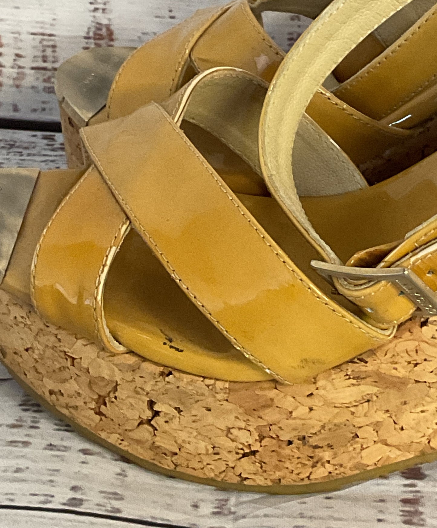 Jimmy Choo Patent Leather Strappy Cork Wedge Sandals Beige 8