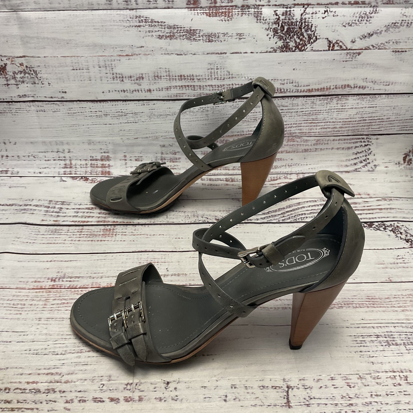 Tod's Grey Leather Ankle Strap Sandal Heel Women Size 8