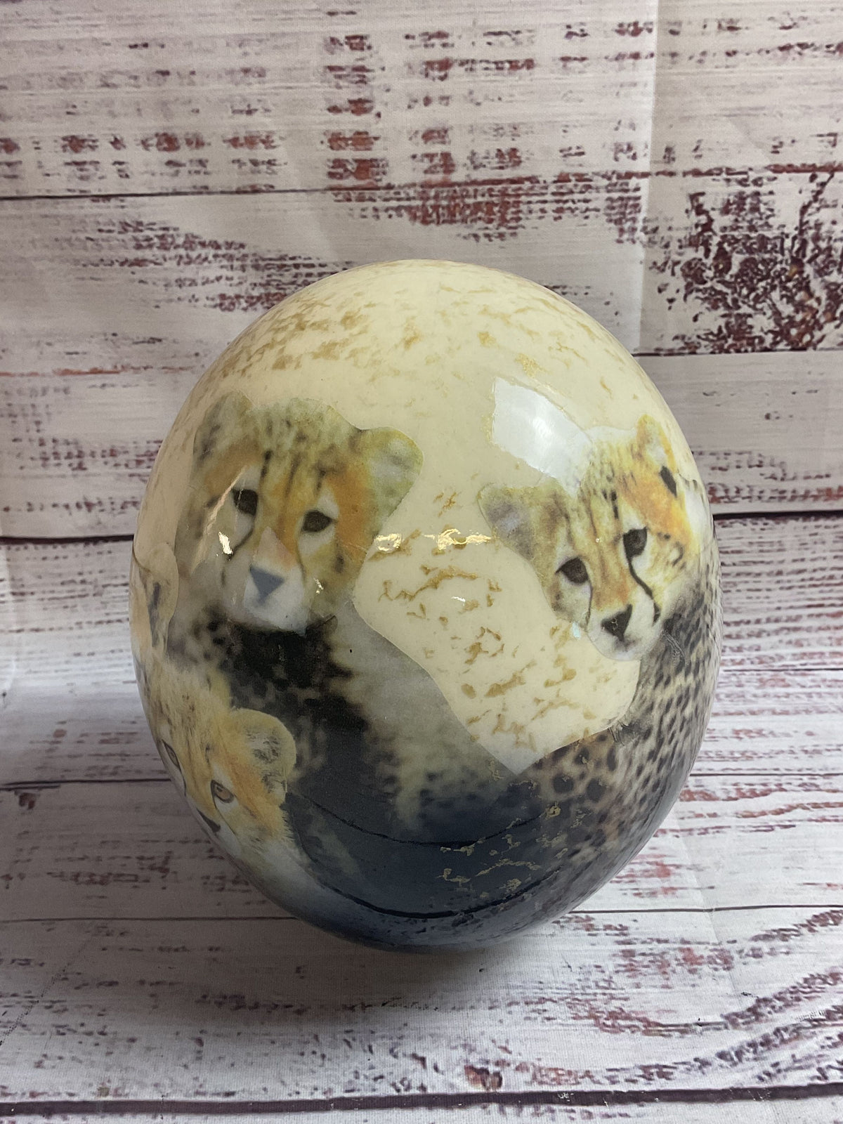 Ostrich Egg Cheetahs Hand Painted No Base 6.5"