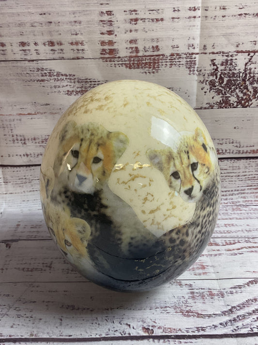 Ostrich Egg Cheetahs Hand Painted No Base 6.5"