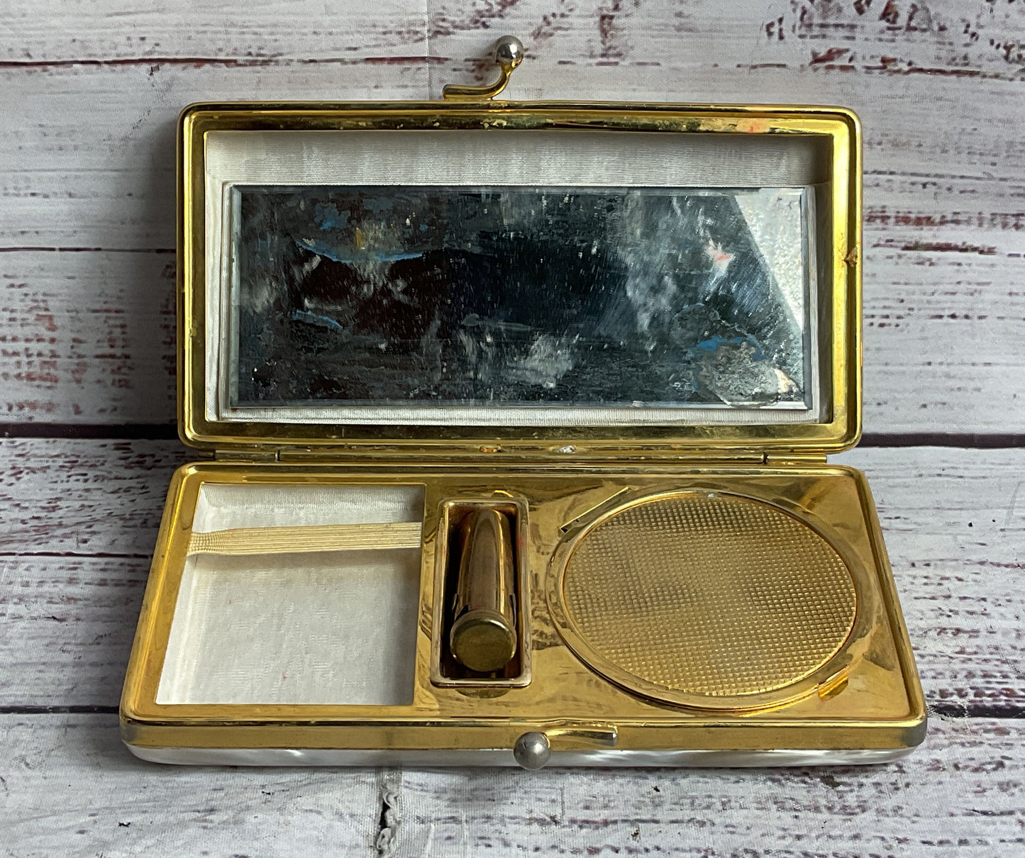 Vintage Lucite Make Up Carryall Compact Pearlescent White