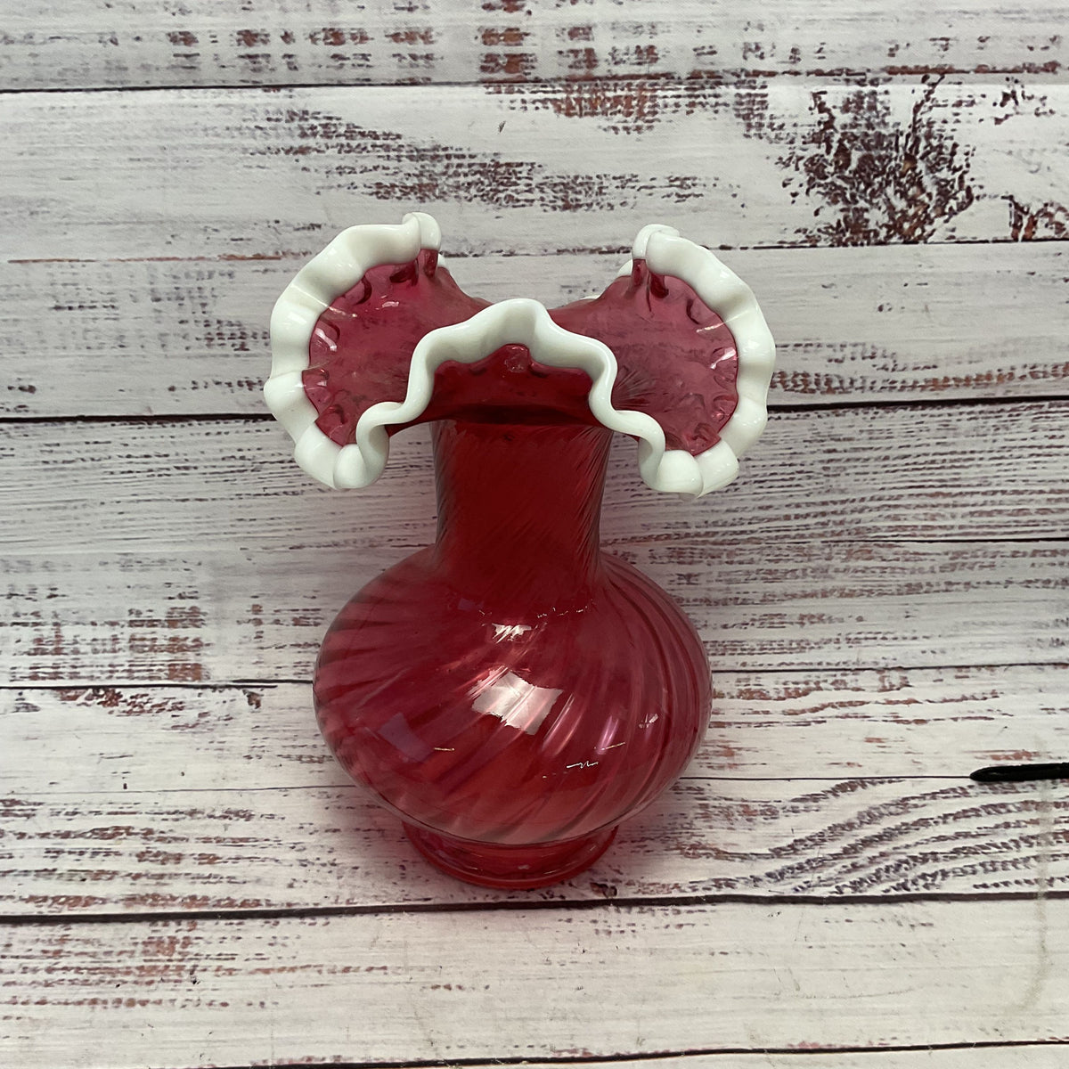 Fenton Pink Ruby Red Clear Swirl White Milk Glass Ruffled Rim 7.5" Vase