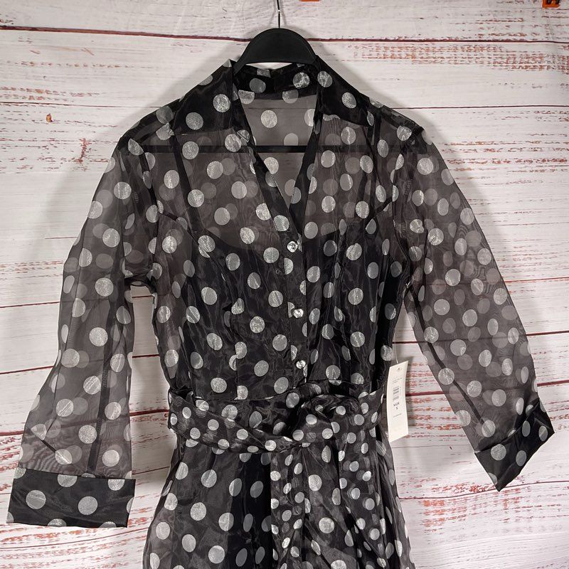 Oleg Cassini Black & Gray Polka Dot Sheer Belted Shirt Dress Size S w/ Slip