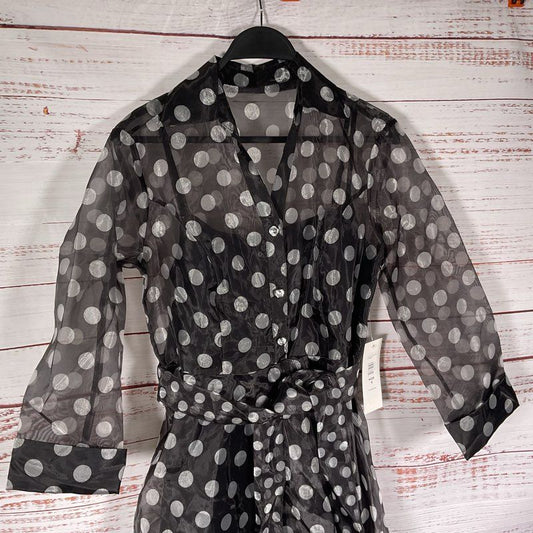 Oleg Cassini Black & Gray Polka Dot Sheer Belted Shirt Dress Size S w/ Slip