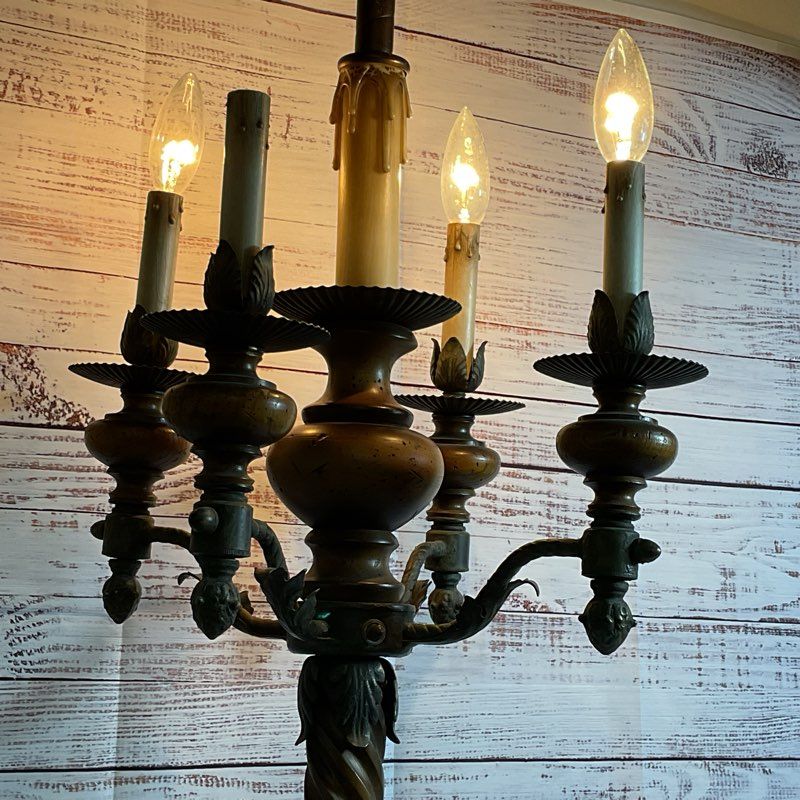 ANTIQUE French?? Brass and Wood Base 5 Arm Ornate Lamp- 42" Tall
