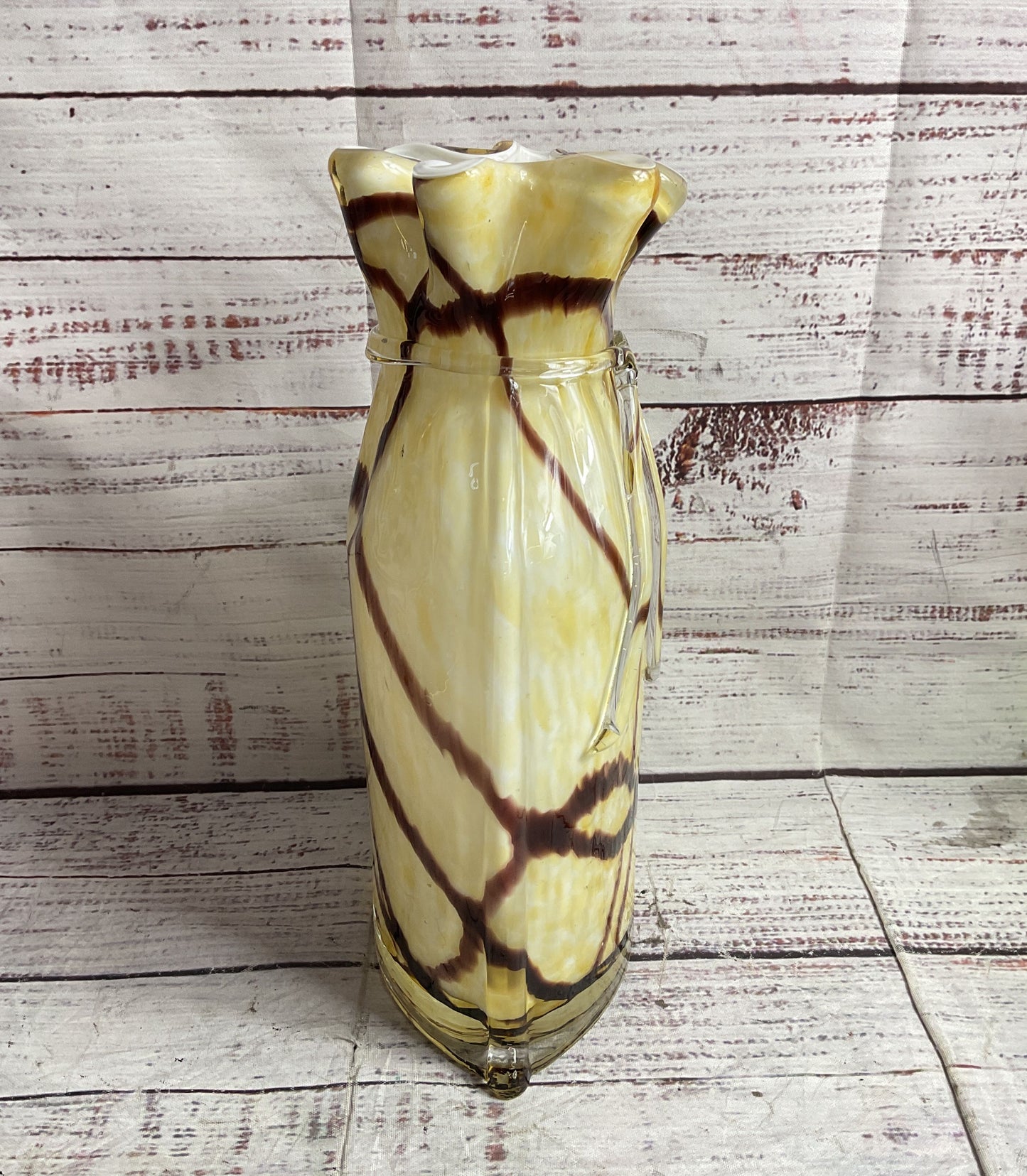 Vintage MCM Bow Tied Murano Glass 10" Vase Cream