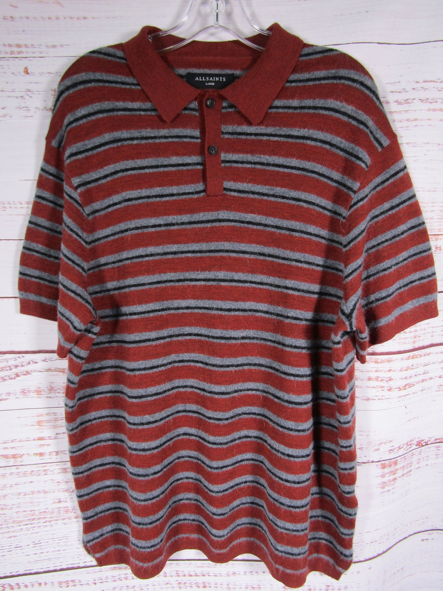 AllSaints Stafford Men's Striped Wool Blend Short Sleeve Polo Shirt Size L