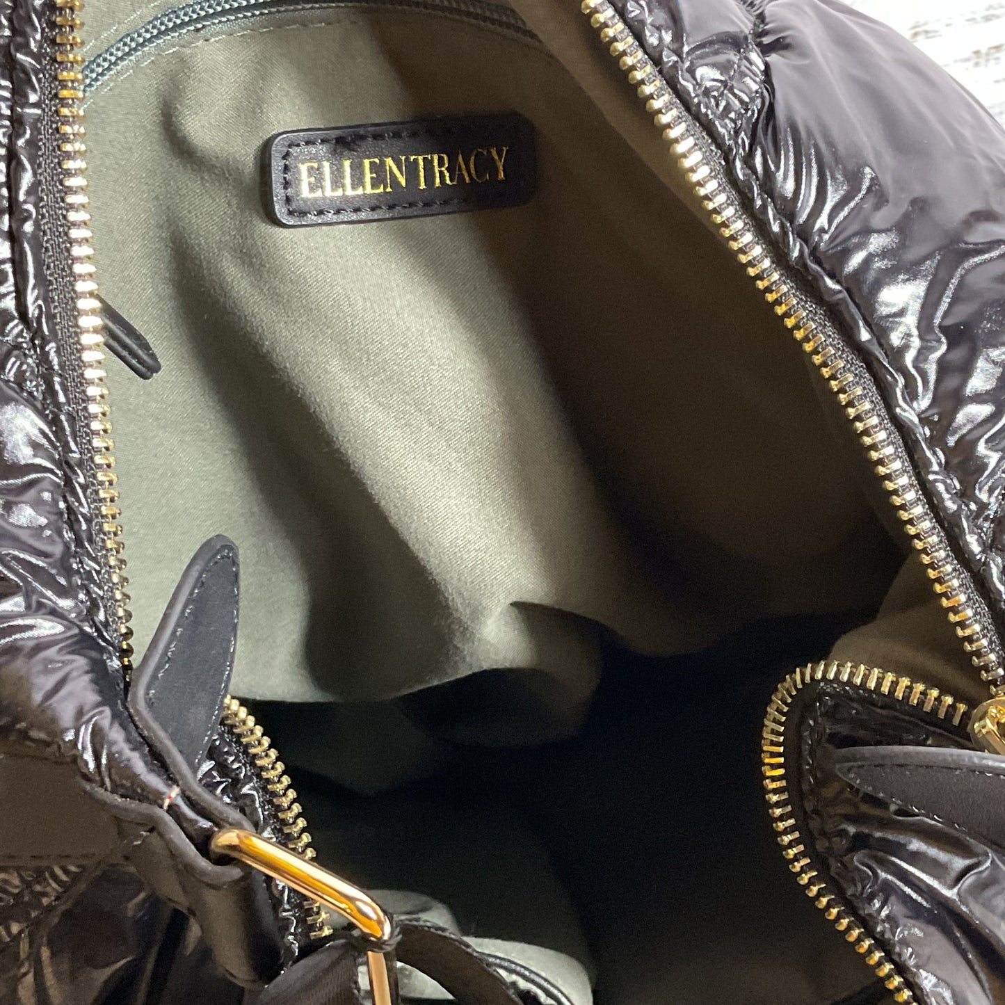 NWT ELLEN TRACY The Teagan Black Patent Puffer Quilted Nylon Hobo Crossbody