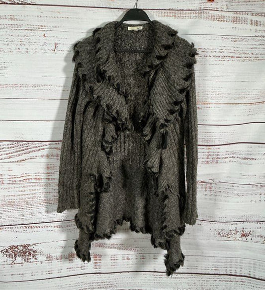 Women's Lapis Gray Ruffled Cardigan Sweater with faux fur trim Size M