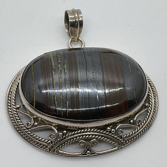 Sterling Silver 45mm Iron Tiger's Eye 2.5" Pendant- 47.74g