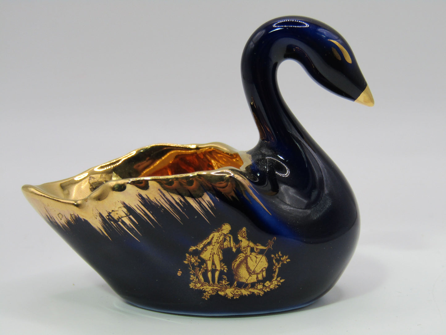 Limoges Courting Couple Cobalt Blue 24k Gold Wash Swan Made in France