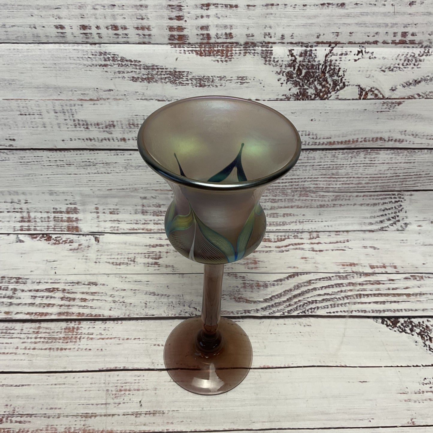 Stuart Abelman Signed Iridescent Pulled Feather Art Glass 9" Goblet 1980