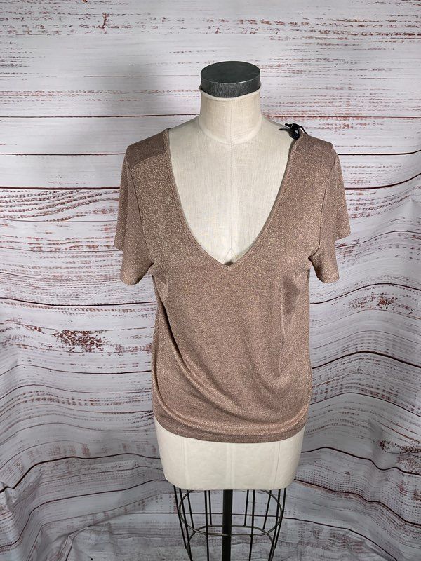 NWT Paige Women's Haider Tee Nude Gold Color Shimmer Short Sleeve Blouse Size M