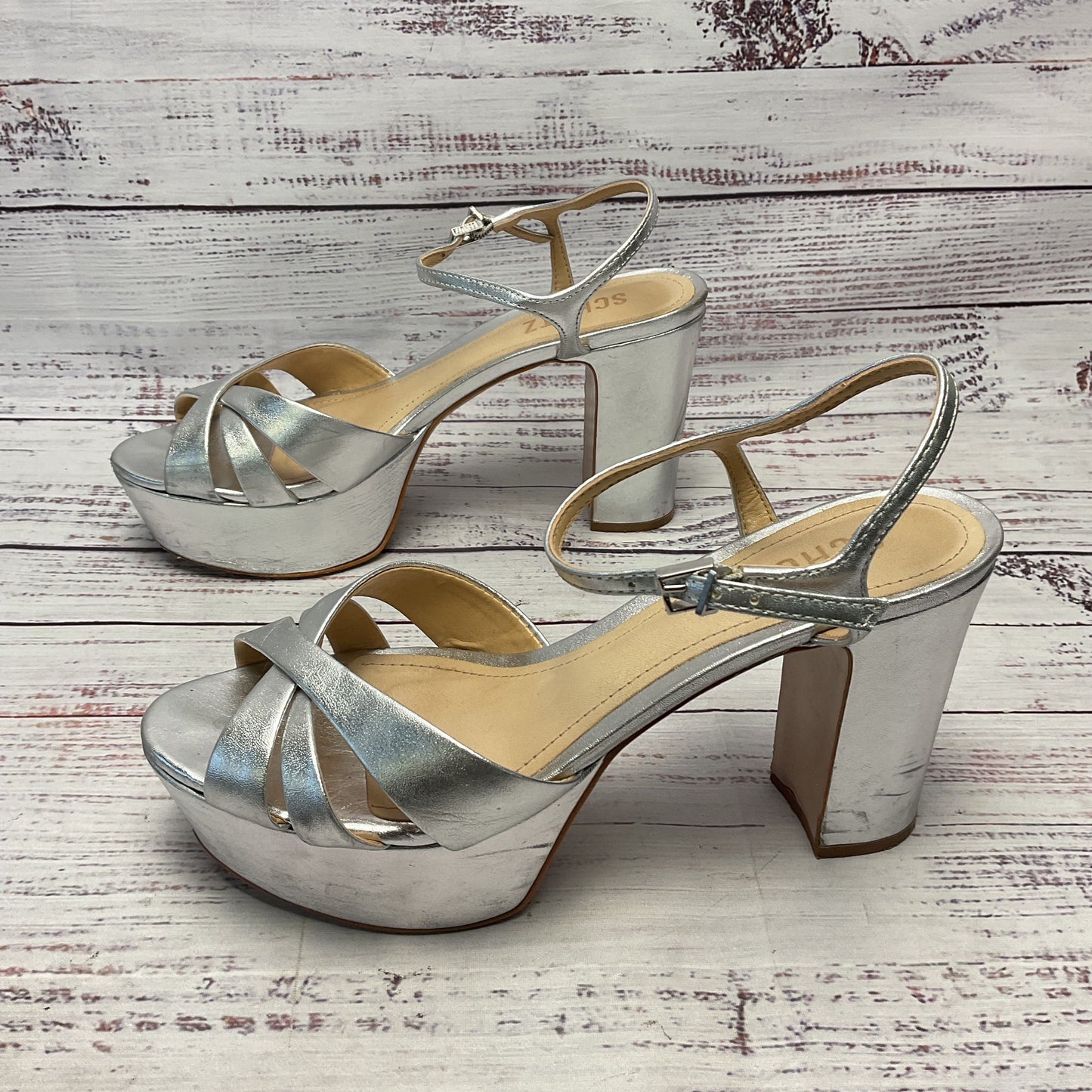 Schultz Keefa Silver Platform Heel Ankle Buckle Women Size 7.5