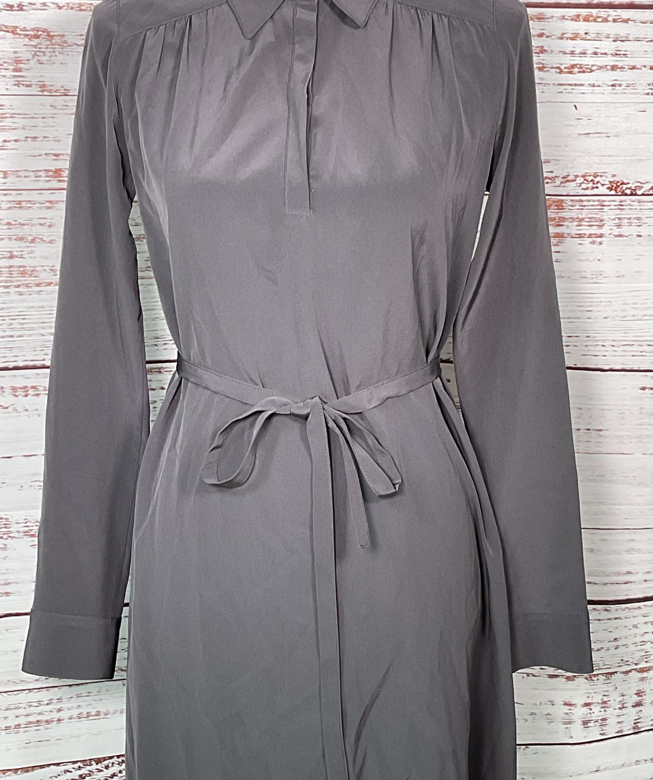 Cuyana Gathered Silk Shirt Dress Gray XS