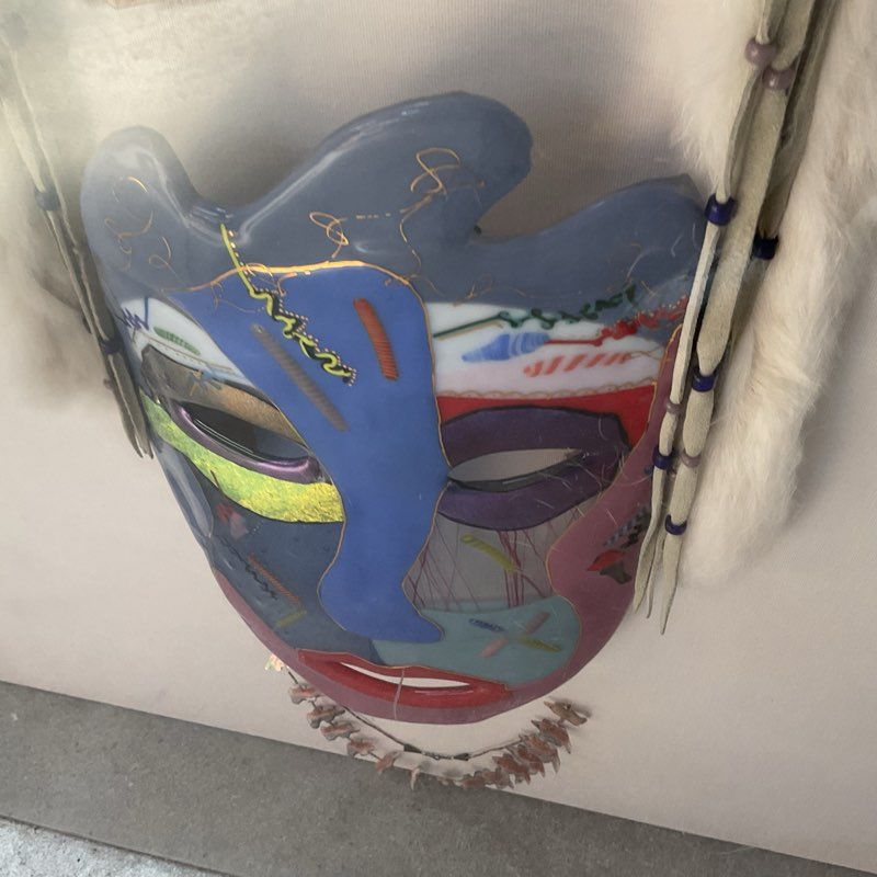 Signed SHAWN ATHARI Glass Mask with Feathers & Necklace with Shadowbox Display