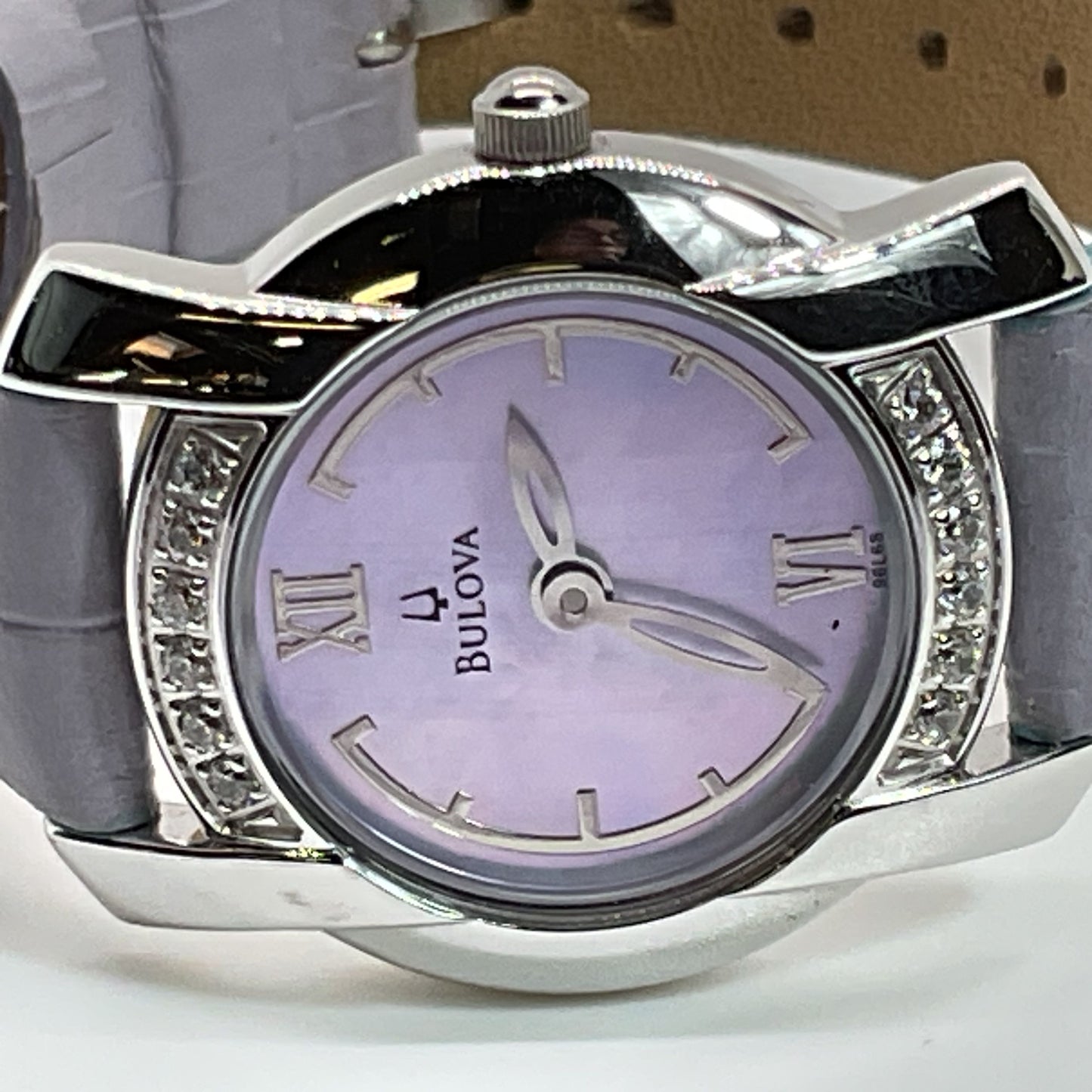 BULOVA Mother of Pearl Face Lavender Leather Band Women's Watch- NEEDS BATTERY