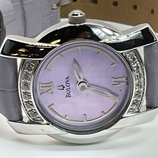 BULOVA Mother of Pearl Face Lavender Leather Band Women's Watch- NEEDS BATTERY