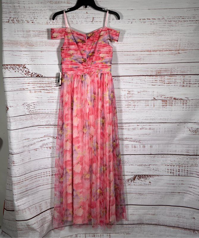 NWT Adrianna Papell Sweat Pea Print Tulle Off Shoulder Gown Size 4 Retail $279