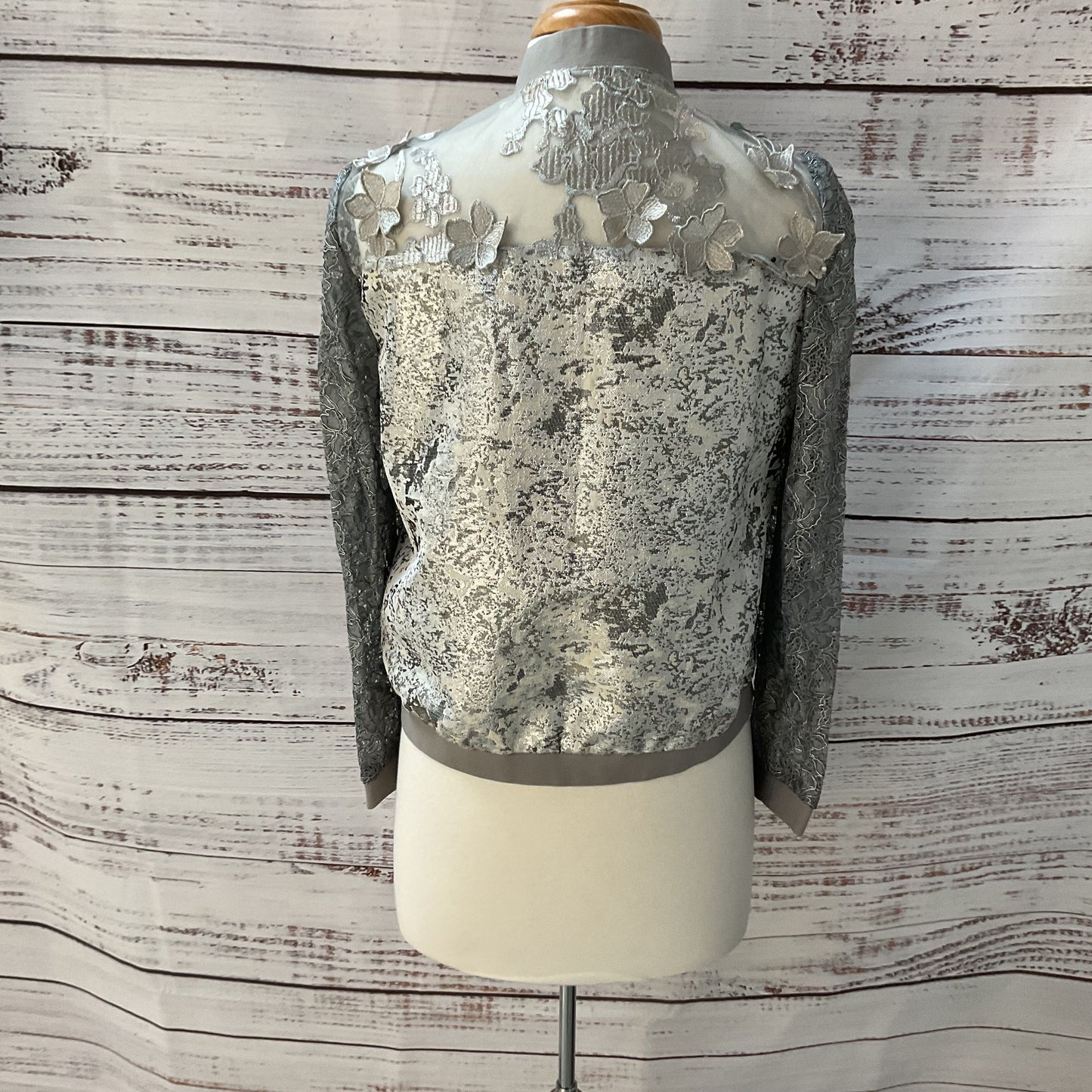 Tahari Silver Tone Mesh Flower Frill Jacket - Size S