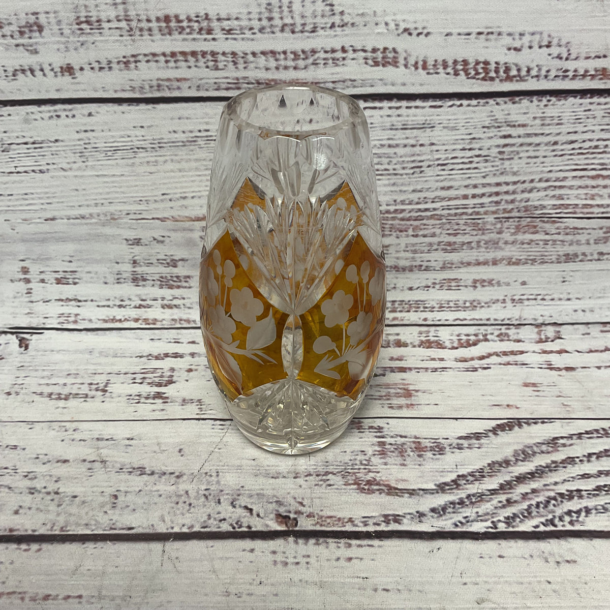 Vintage Hand Cut Lead Crystal Clear Amber Glass Flower Poland 5" Small Vase