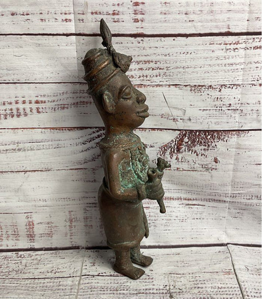 Vintage African Benin Nigerian Style 11" Sculptural Figurine Bronzed