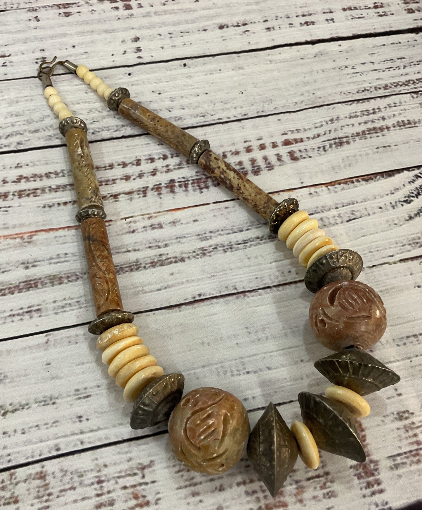 Vintage Tribal Hand Carved Soapstone Silver Plated Disc Necklace