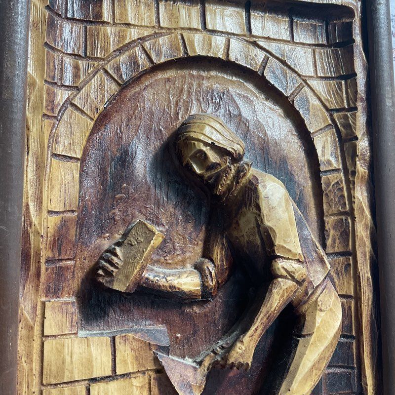 VTG. Hand Carved Bricklayer Mason Wood Relief Sculpture Wall Art