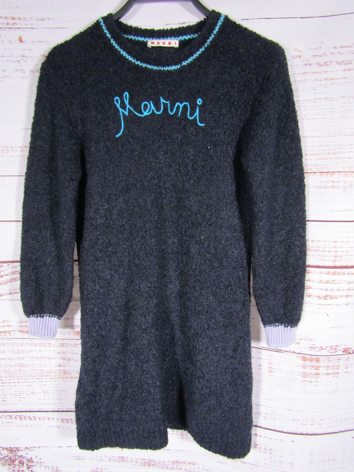Marni Girl's Blue Wool Blend Logo Embroidered Long Sleeve Dress Size 8Y