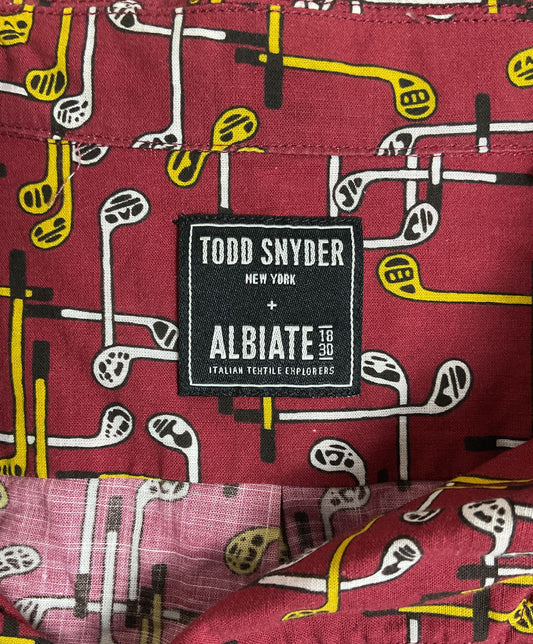Todd Snyder Albiate Red Button-Up T-Shirt Hockey Stick Print - Size Small