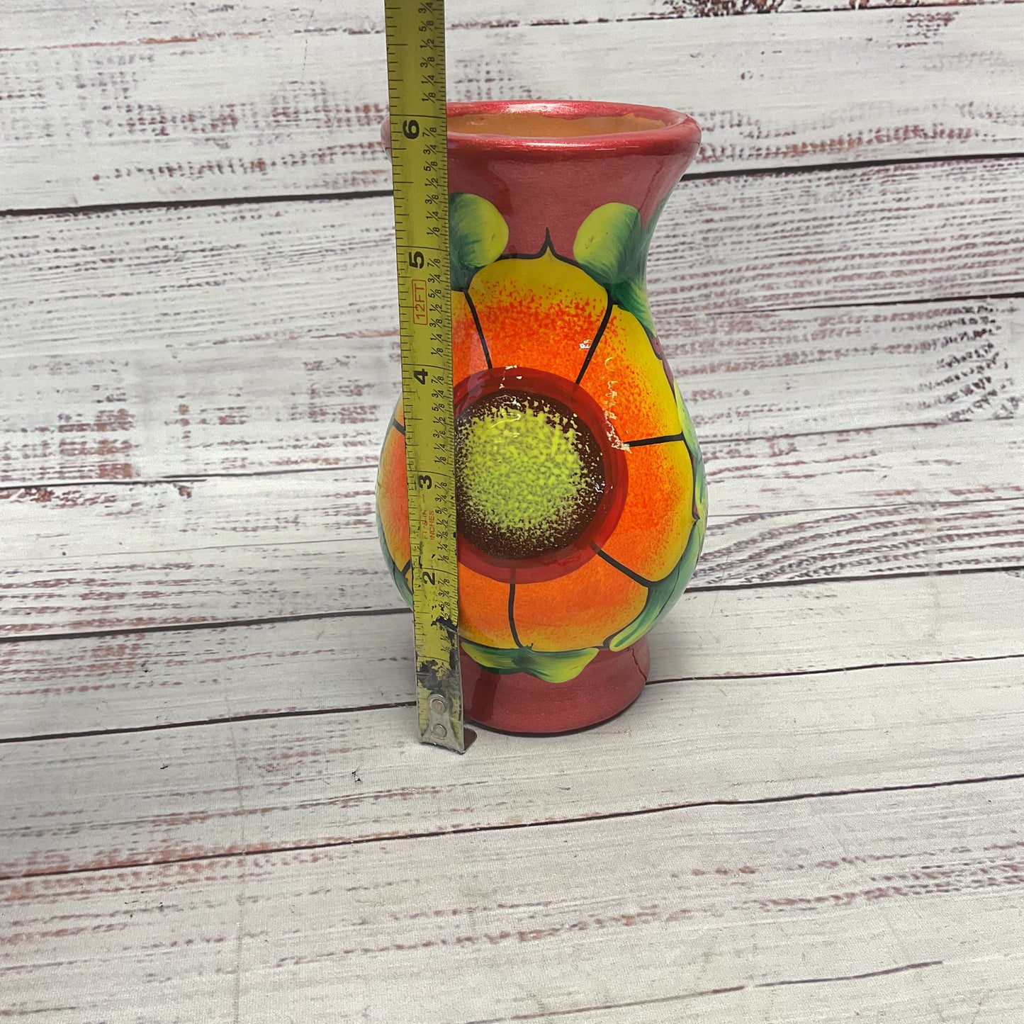 Mexican Clay Terracotta Pottery Flower Metallic Red Sunflower Paint 6"