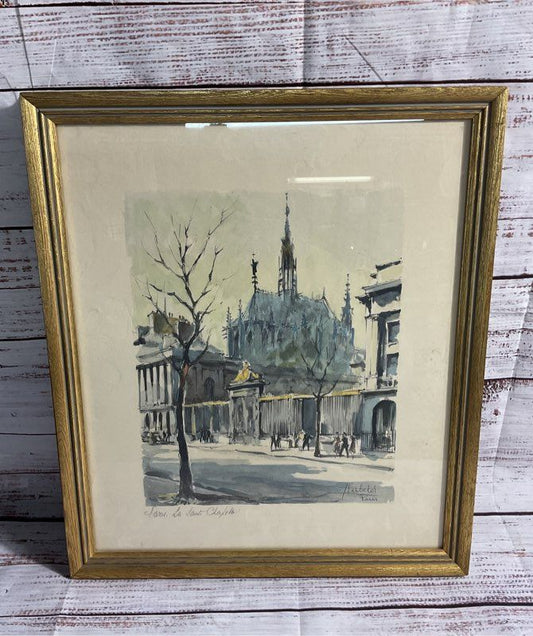 Vintage Herbelot Framed Matted SIGNED Watercolor Lithograph Cathedral In Paris