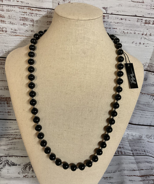Faux Black Onyx Glass Beads Silver Clasp Necklace Made in Japan