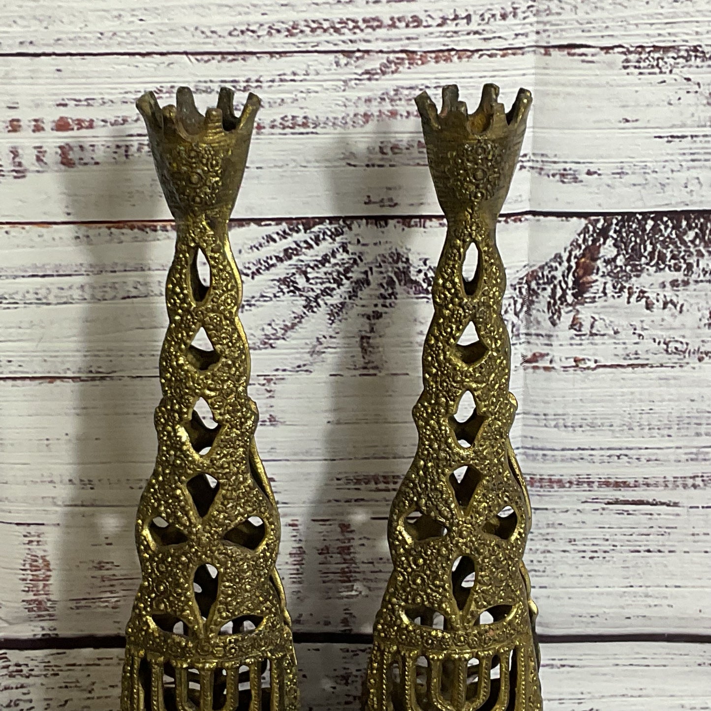 Pair of VTG. Brutalist Israel Judaica Brass Shabbat Candle Holders- 9.25"
