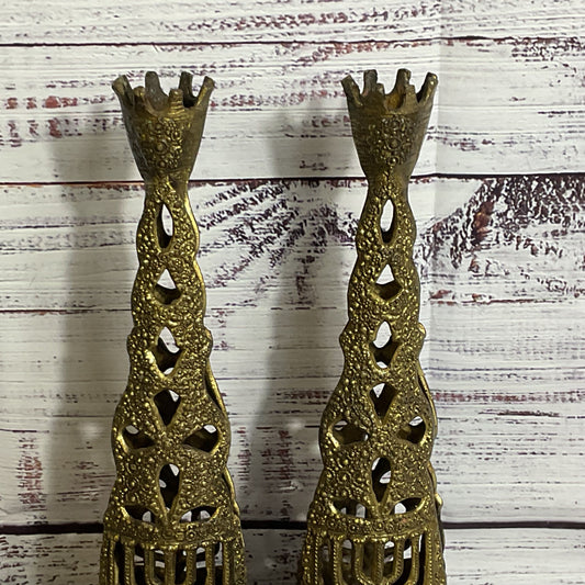 Pair of VTG. Brutalist Israel Judaica Brass Shabbat Candle Holders- 9.25"
