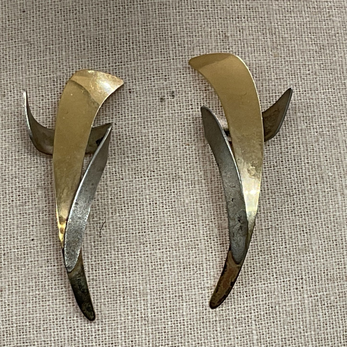 VTG Signed OSATAKE?? Modernist Architectural 14K Gold & Sterling Earrings- 4.85g