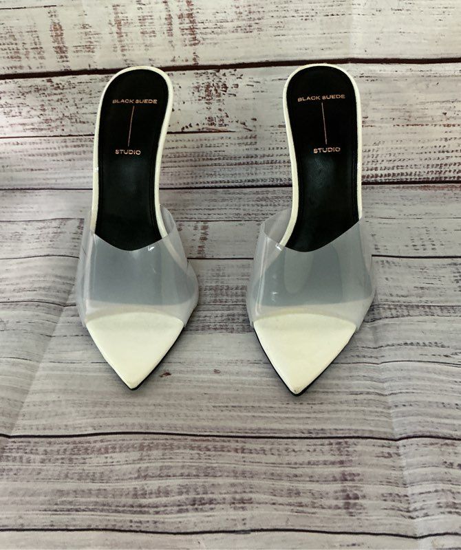 Women's Black Suede Studio Ivory Mules w/ clear strap Sz 39 US 8.5 Retail $348