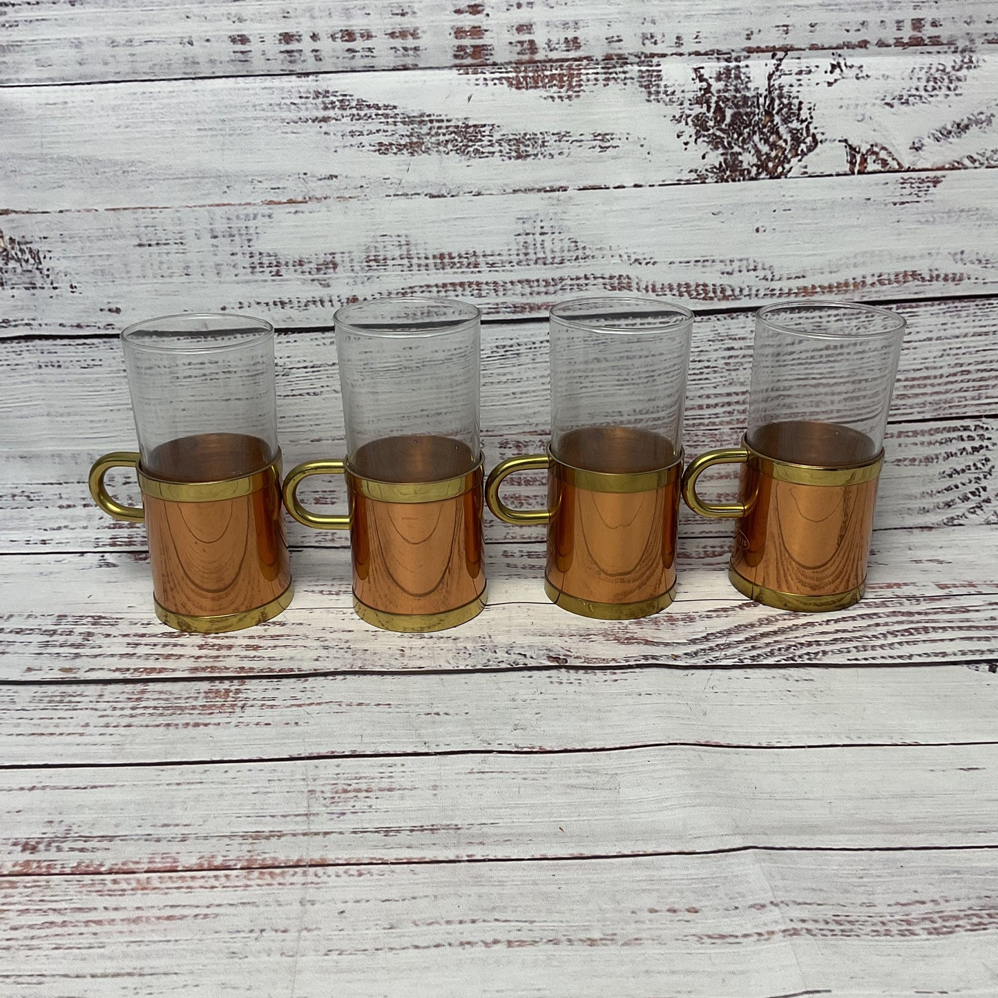 Beucler Old Bushmills Irish Whiskey Copper Brass Glass Cork Cups Lot of 4