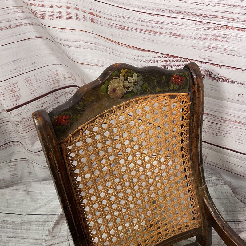 Antique Wood & Rattan Cane Hand Painted Floral Children's Rocking Chair 27"
