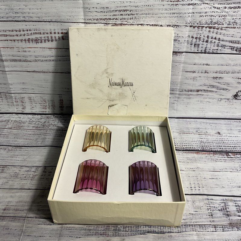 VTG Neiman Marcus Multicolor Glass Napkin Rings (Yellow, Green, Pink, Purple)